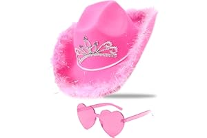 JICASTO Cowboy Hat Pink Cowgirl Hat with Sequins & Tiara Crown for women Rodeo Party Hats with Heart Glasses