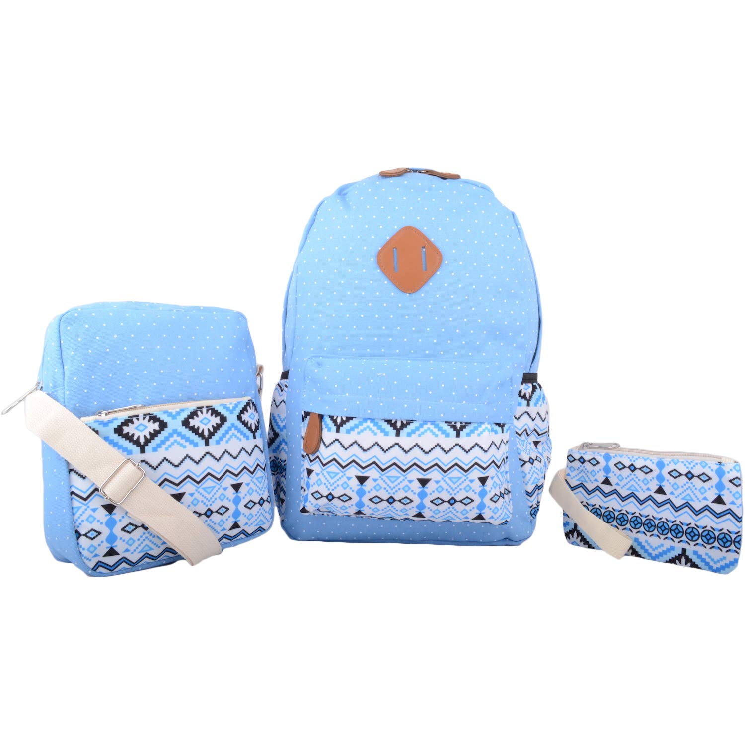 Womens Canvas Patterned Multi Pack Backack Rucksack 3 Piece Travel Set - Light Blue