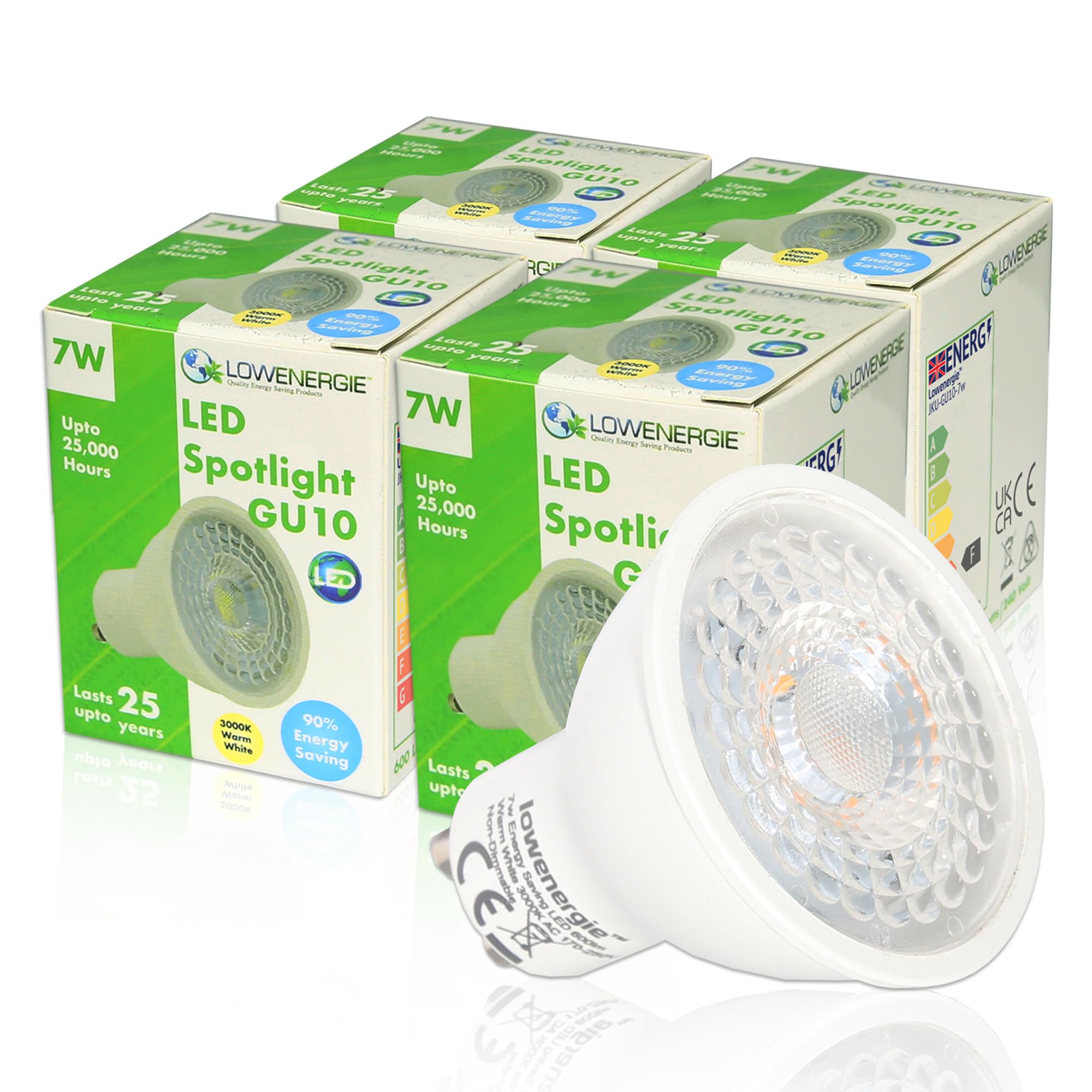 LOWENERGIE 7W GU10 SMD LED Spotlight Lamp Downlight F Rating Bulbs Lights 240V (Warm White, 4 Pack)