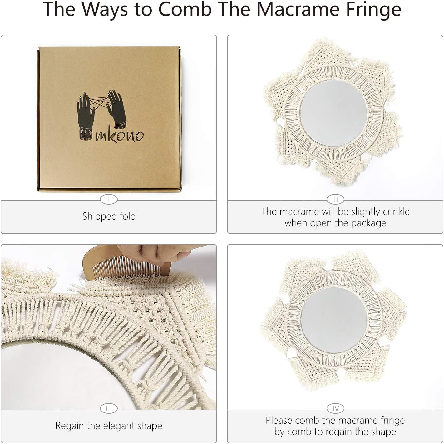 Mkono Hanging Wall Mirror with Macrame Fringe Round Boho Mirror Art Decor for Apartment Living Room Bedroom Baby Nursery Dorm Entryways, Ivory: Kitchen & Dining