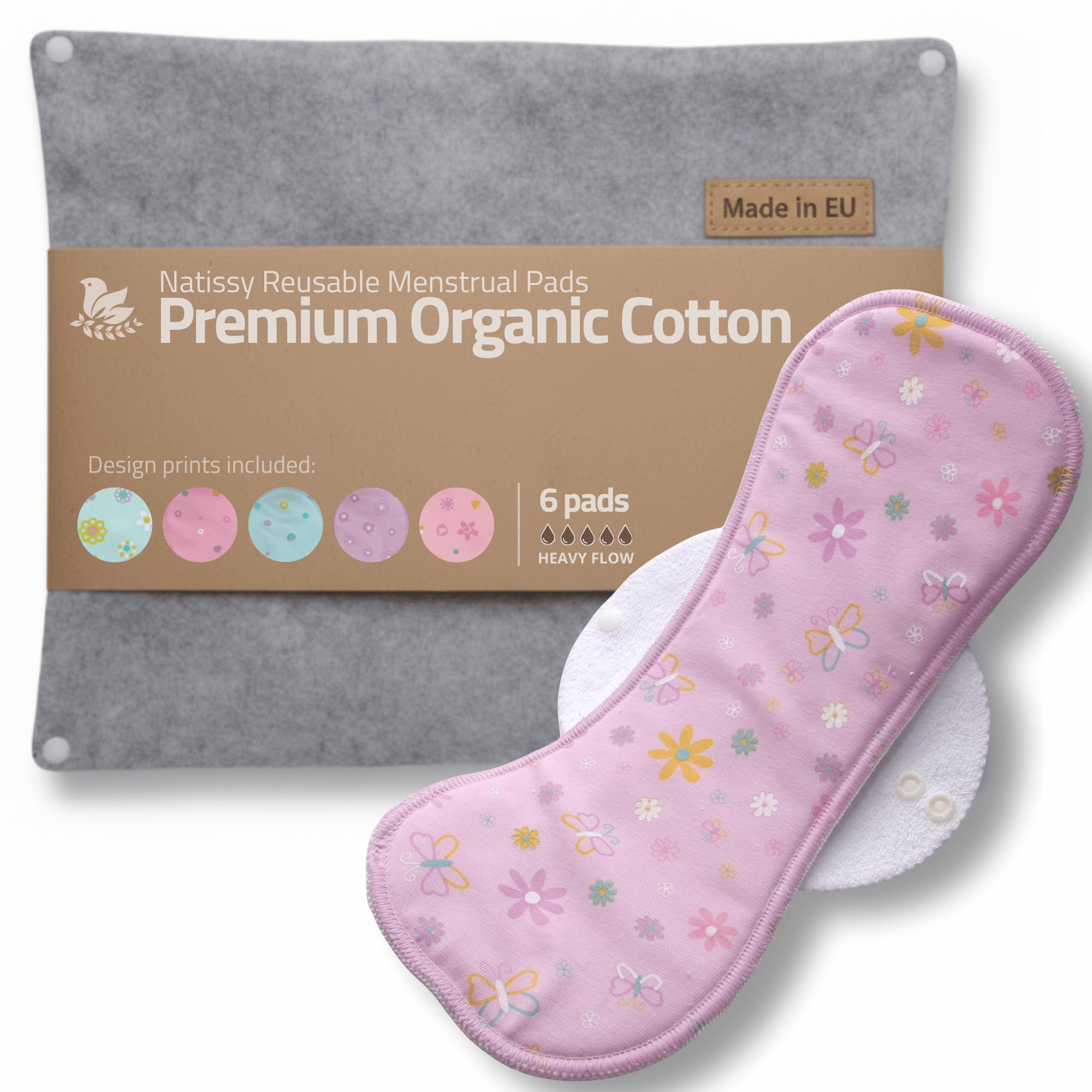 Made in EU – Reusable Sanitary Pads for Heavy Flow (6 Pack, L & XL) – High-Temp Washable, Extra-Absorbent Cloth Period Pads for Women – Ultra Soft Organic Cotton, Reliable Fit & Leak Proof Comfort