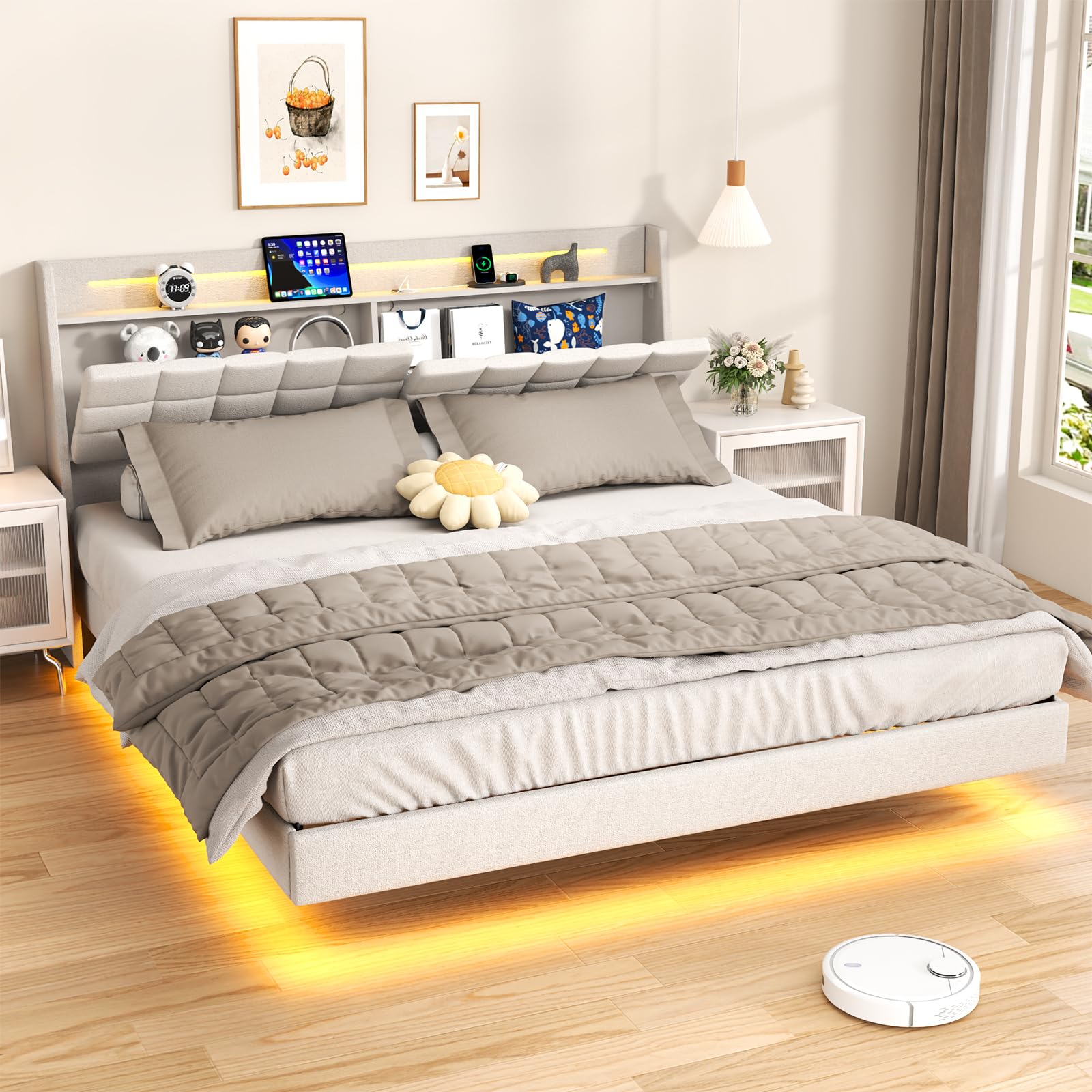 Photo 1 of *Dirty* *No main frame* Zevemomo Floating King Bed Frame with Storage Headboard, Upholstered Platform Floating Bed Frame King with LED Lights, Charging Station with USB Ports, Noiseless, White