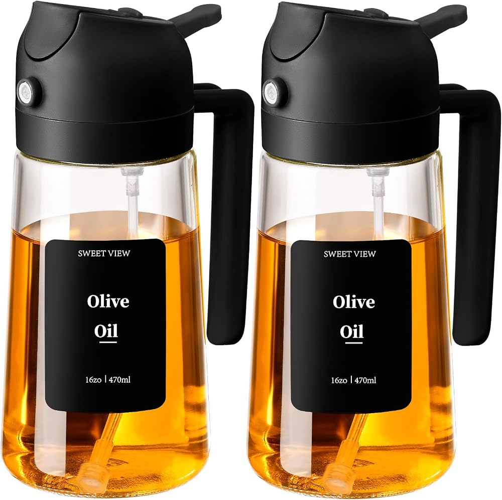 SWEET VIEW 2 Pack Olive Oil Spray Bottle 470ml 2 in 1 Glass Dispenser