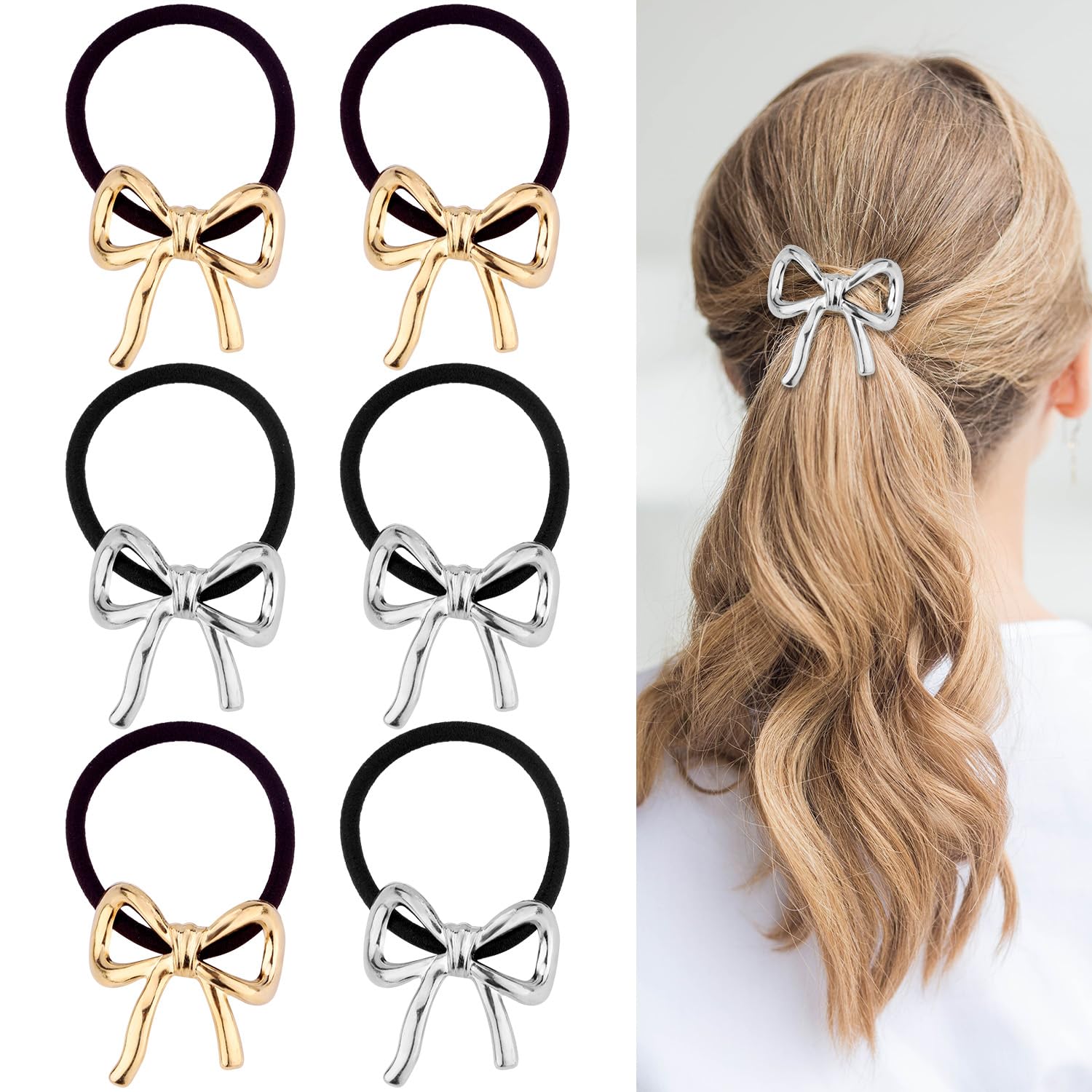 6pcs Metal Bow Hair Ties, Bowknot Hair Scrunchies Cute Ponytail Holders Elastic Rubber Hair Bands Hair Accessories for Women Girls Long Thick Thin Curly Hairstyle