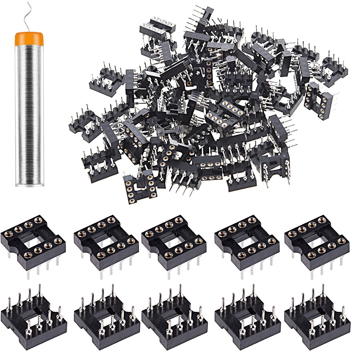 Youmile 50 pcs Round DIP IC Socket 2.54 mm Pitch 8 Pin IC Socket Adaptor Round Hole Soldering Type Not easy to break,with tin wire pen for electronics experiment DIY