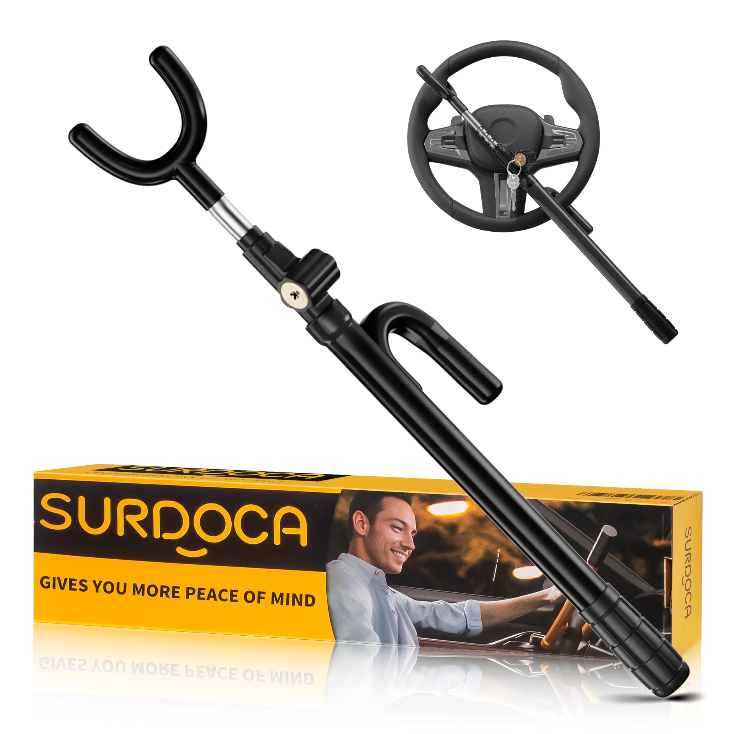 Photo 1 of SURDOCA Car Steering Wheel Lock Anti-Theft Device, Steering Wheel Locks for Car SUV Van, Upgraded Lock Cylinder, Easy Installation, Rubber Protection, Extendable Universal Security Device, Black