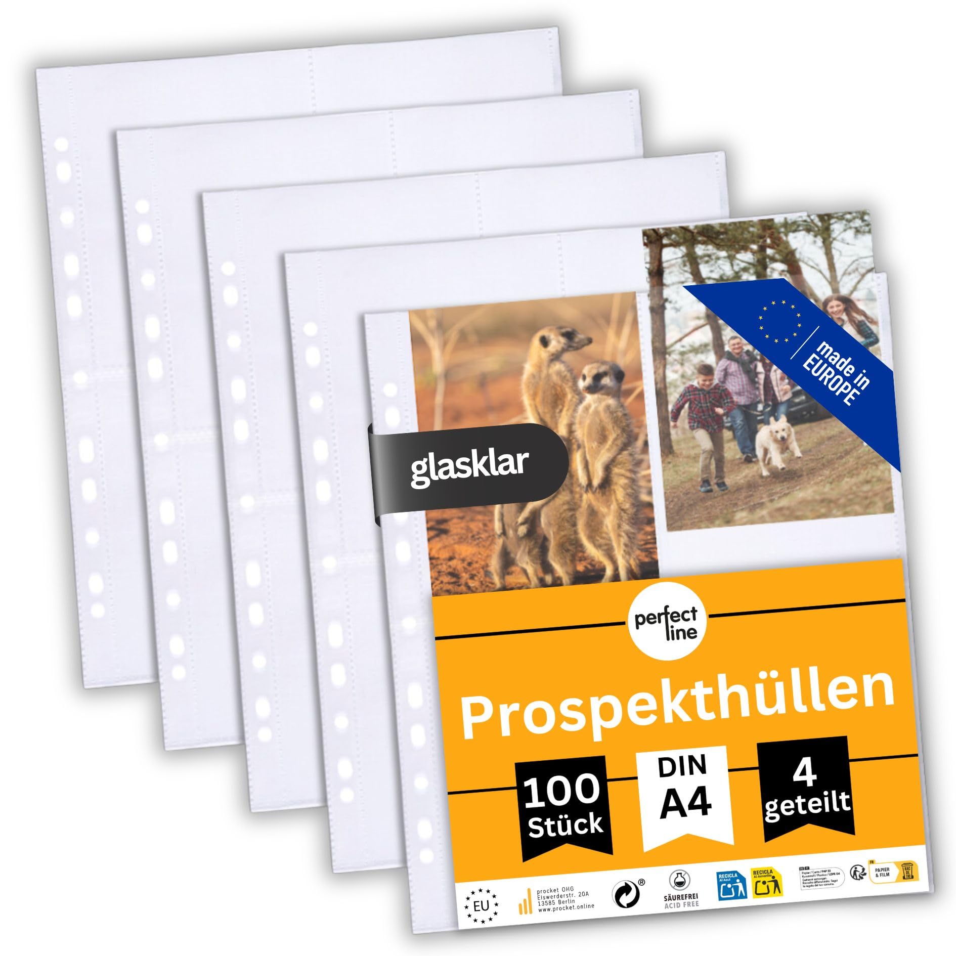 perfect line 100 Transparent A4 Segmented folders, Clear Punched Pockets Divided into 4 Segments (A6 Upright), colourless Sheets with top Insertion