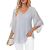 Bebonnie Womens Ruffle 3/4 Sleeve V Neck Double Layers Chiffon Blouses Dressy Tops