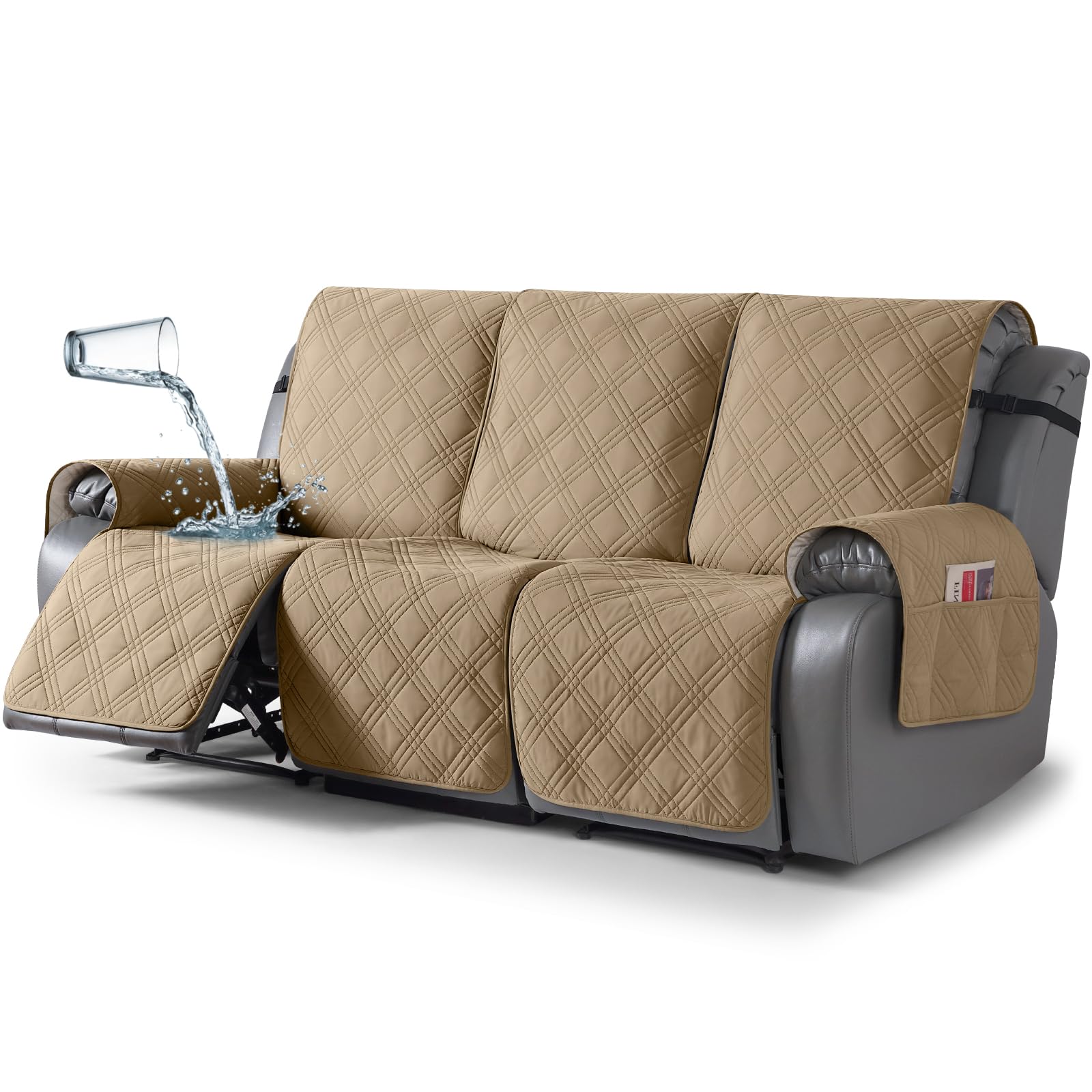 Photo 1 of TAOCOCO 100% Waterproof Recliner Sofa Cover, Non Slip Split Couch Covers for Reclining Couches with Elastic Straps, Washable Reclining Sofa Cover Furniture Protector for Kids Pets(3 Seater, Camel)