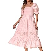 Allegra K Pink Dress for Women's Short Puff Sleeve Smocked Floral Dress 2025 Spring Summer Flowy Tiered Midi Dresses