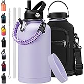 Half Gallon Water-Bottle with Straw - Paracord Handle, Straw & Flex Cap, Keep Ice Cold-48H & Hot-24H, Vacuum Insulated Water Jug with Carrier Bag, Protective Boot, Metal Insulated Water Bottle 64oz