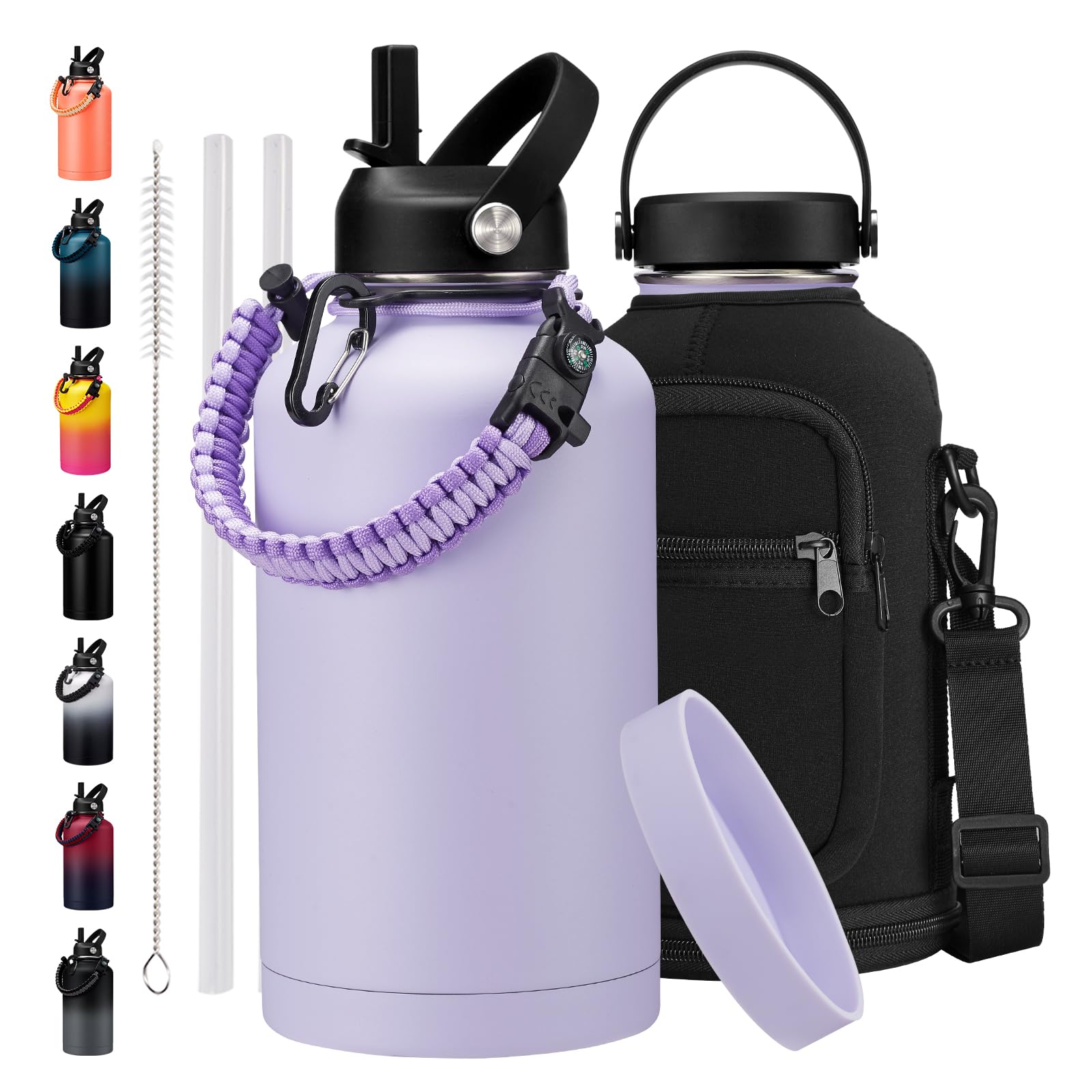 Photo 1 of Half Gallon Water-Bottle with Straw - Paracord Handle, Straw & Flex Cap, Keep Ice Cold-48H & Hot-24H, Vacuum Insulated Water Jug with Carrier Bag, Protective Boot, Metal Insulated Water Bottle 64oz