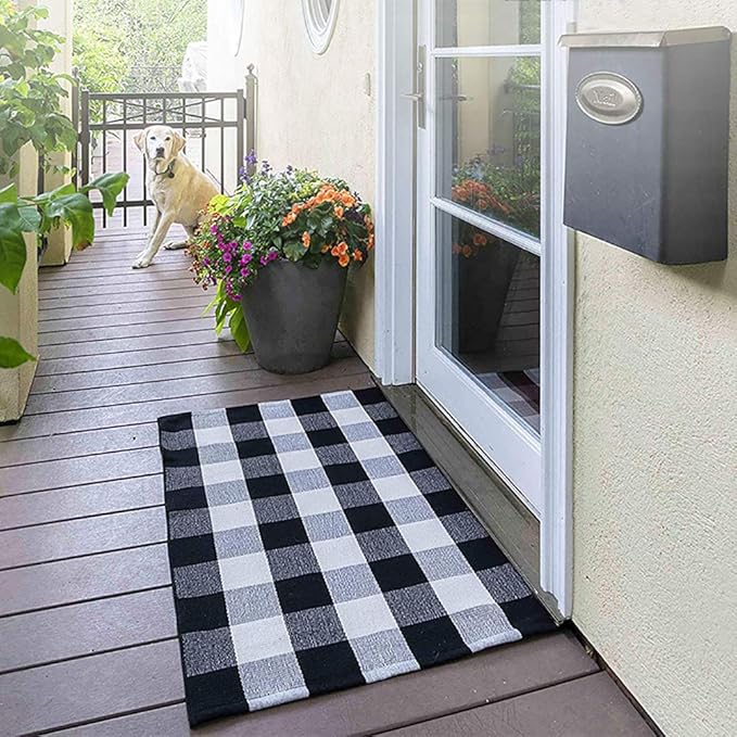 ZMIN Outdoor Indoor Cotton Linen Doormat,Black and White Checkered Carpet Bathroom