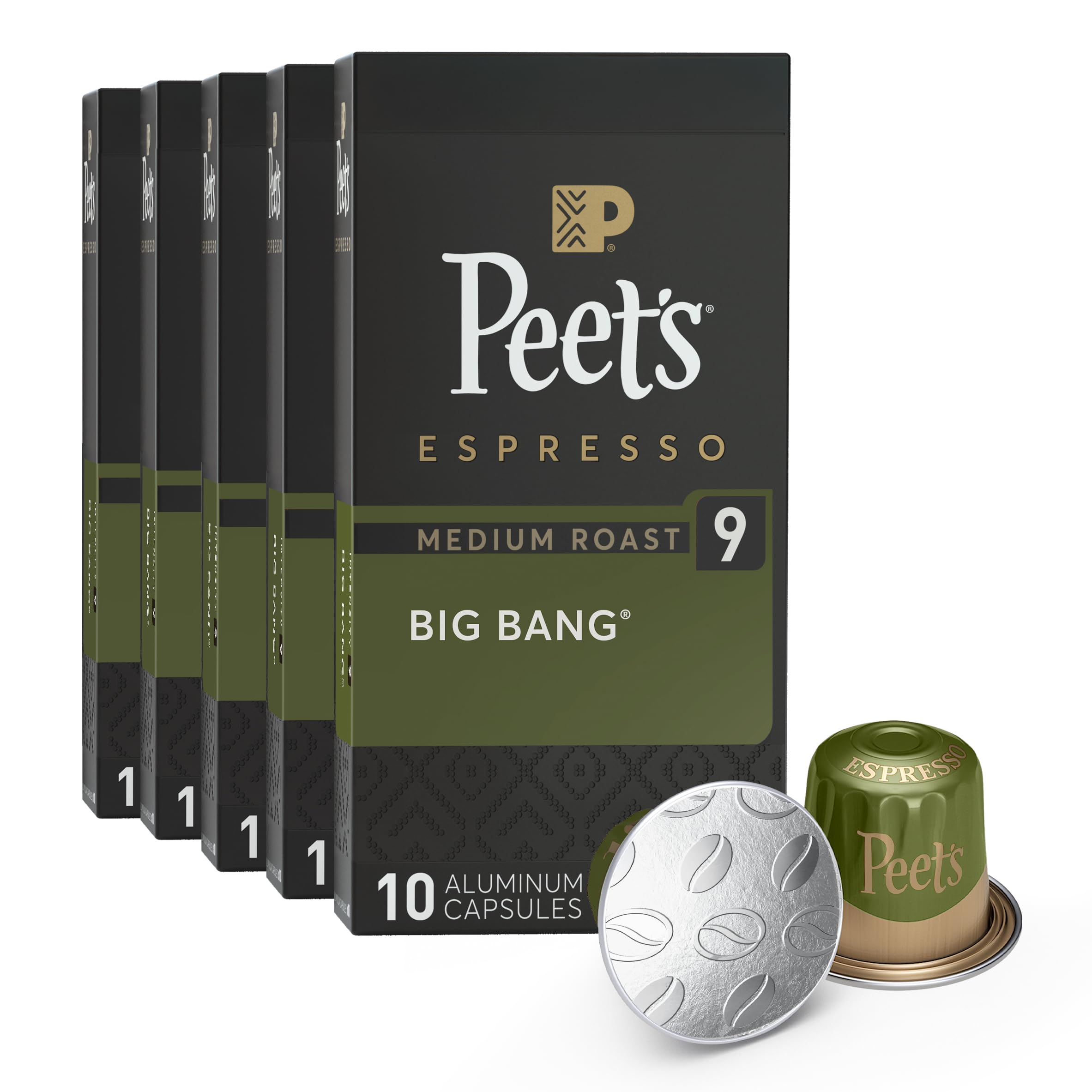 Peet's Coffee, Medium Roast Espresso Capsules, Compatible with Nespresso Original Machines, 100% Arabica Coffee - Big Bang Intensity 9, 50 Count (5 Boxes of 10 Espresso Capsules) Image