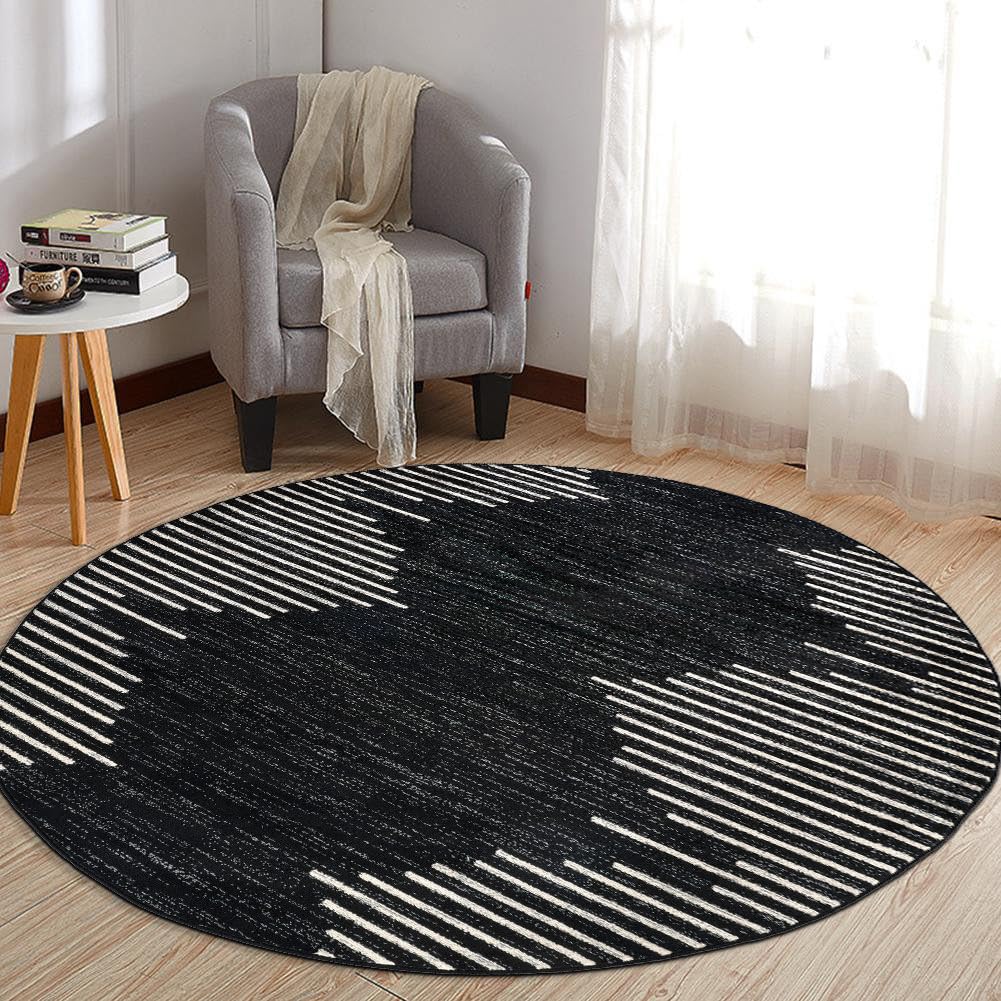 Rugshop Bohemian Stripe Stain Resistant High Traffic Living Room Kitchen Bedroom Dining Home Office Round Area Rug 6' Round Black Image