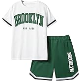 Verdusa Boy's 2 Piece Graphic Outfits Streetwear Short Sleeve Crew Neck Jersey Shirts with Shorts Clothing Sets