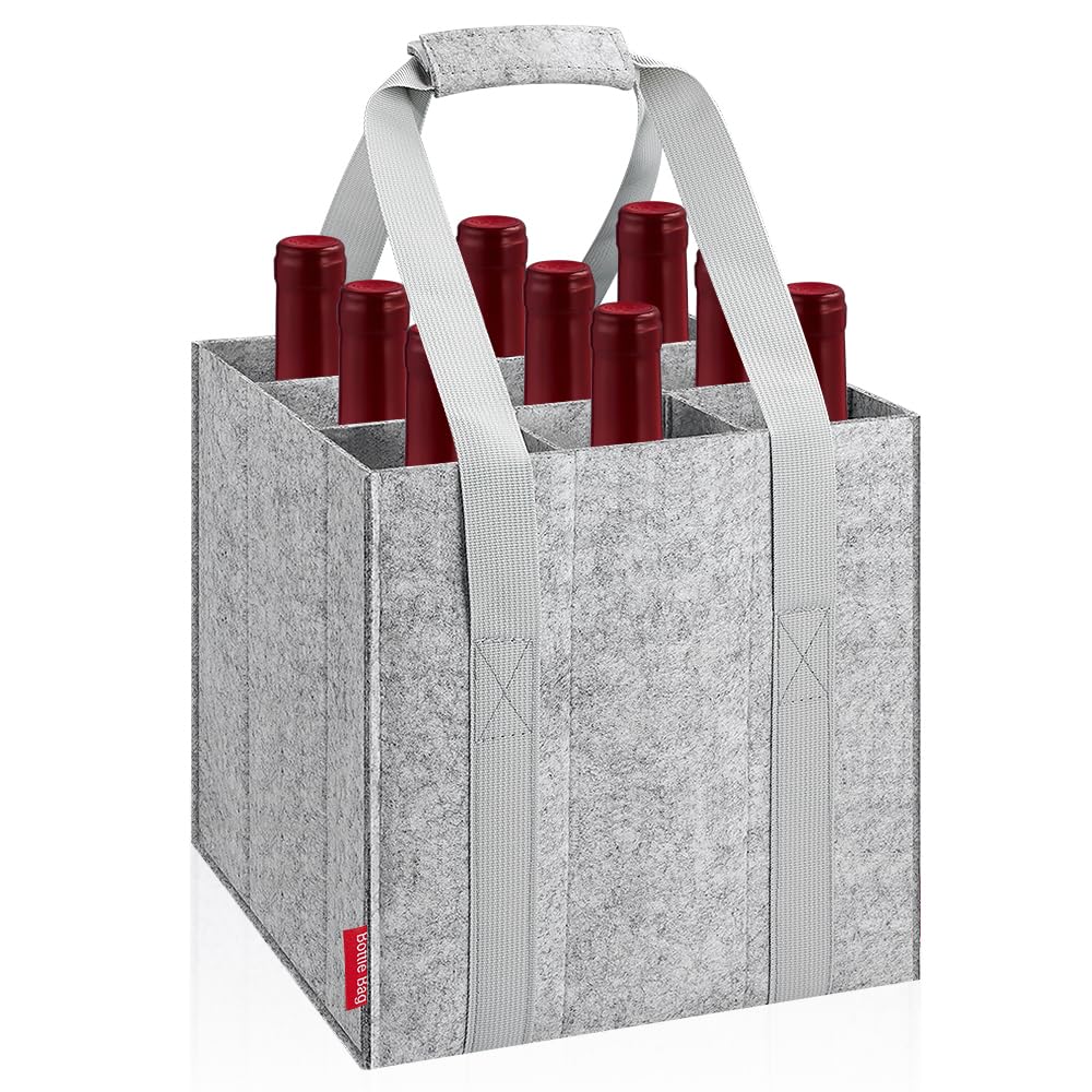 Eurhomewit Bottle Bag 9 Compartments, Wine Bottle Carrier Felt Wine Tote Bag Holder with Protable Handles, Reusable Wine Bottle Bag for Transporting Red Wine, Champagne, Beer and Water Bottles - Grey