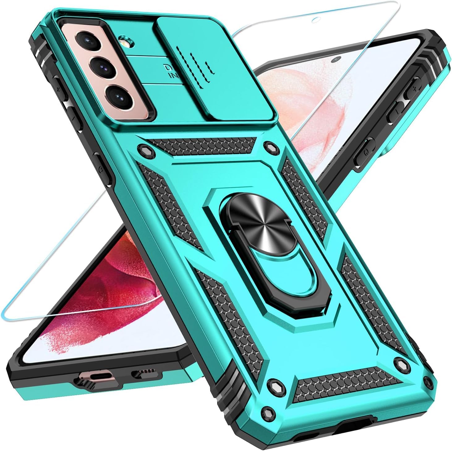 SunStory Phone Case for Samsung Galaxy S21 Case with HD Screen Protector & Slide Camera Cover & Rotated Ring Kickstand, [Military-Grade] [2 in 1] Phone Case for Galaxy S21 6.2",Teal