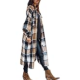 SKIKYAN Women Fall Flannel Plaid Shacket Jacket Oversized Button Down Long Shirt Jacket