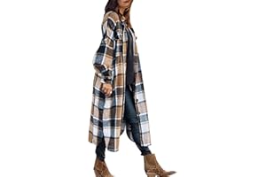 SKIKYAN Women Fall Flannel Plaid Shacket Jacket Oversized Button Down Long Shirt Jacket