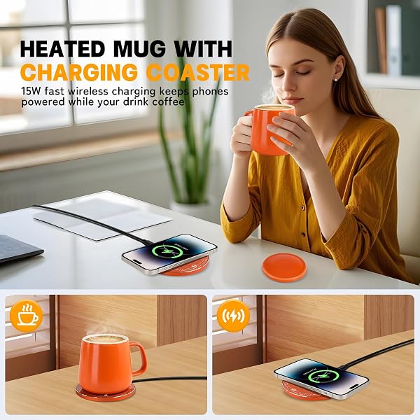 USBERG SMART-WARMING CERAMIC COFFEE CUP, 4H TEMPERATURE CONTROL WITH AUTO SHUT OFF, 15W WIRELESS CHARGER COASTER, HOT BEVERAGE WARMER WITH SPLASH-PROOF LID, 380ML/12.8 FL OZ (ORANGE)