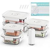 Domsanistor Vacuum Seal Glass Food Storage Containers, 6pcs Containerswith 10pcs Sous Vide Bags/ 1pc Automatic Pump, Meal Prep Container with Airtight Locking Lids for Lunch,Long-Lasting Freshness