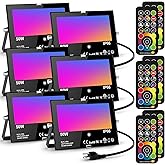 LED Flood Light Outdoor 500W Equivalent Color Changing Landscape Lighting, 24H Timing+120 Colors Strobe+2700K Warm White+DIY Flash IP66 Waterproof Up Stage House RGB Led Light Indoor US 3-Plug 6Pack