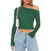 Zeagoo Womens Long Sleeve Off The Shoulder Casual Crop Tops Boat Neck Going Out Slim Fit T Shirts 2025 Light Green XL