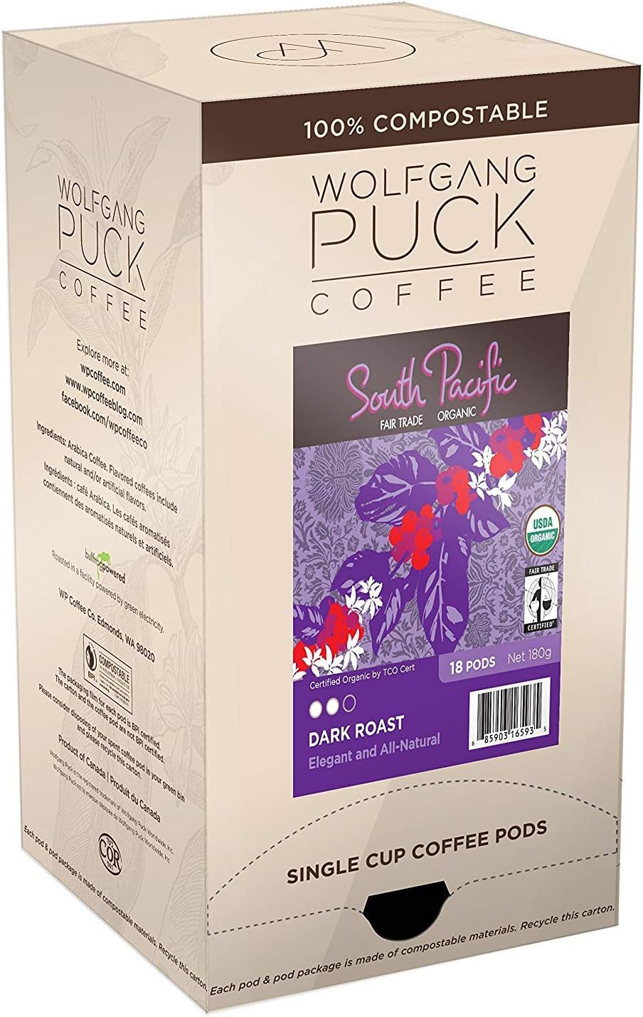 Wolfgang Puck CoffeeSouth Pacific Dark Roast, 9.5 Gram Soft Pod, 18 Count (Pack of 6)