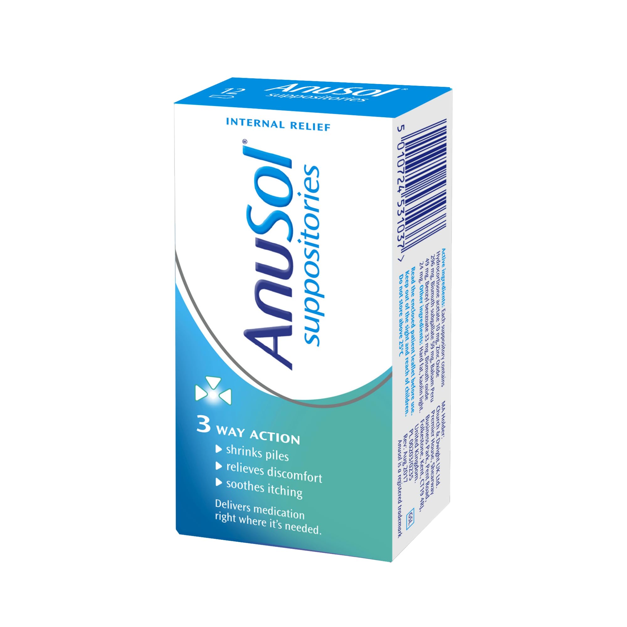 Anusol, Suppositories Treatment for Haemorrhoids Shrinks Piles Relieves Discomfort and Soothes Itching, 12 Suppositories