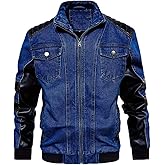INVACHI Men's Denim Jacket Vintage Jean Trucker Jacket with Leather Patchwork Multiple Pockets