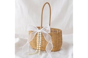 SiliFine 1 Pcs Wicker Rattan Flower Girl Basket with Bows and Pearl 11.8x8.7x5.1 Inches Rustic Wedding Basket for Flower Girl, Hand Woven Willow Storage for Ceremonies Home Decoration (Classic)