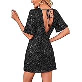IIBOOYYE Women's Sequin Mini Club Party Dress Short Sleeve Crewneck Tie Backless Velvet Dresses