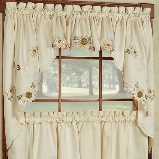 Amazon Com Fancy Sunflower Cream Embroidered Kitchen Curtains