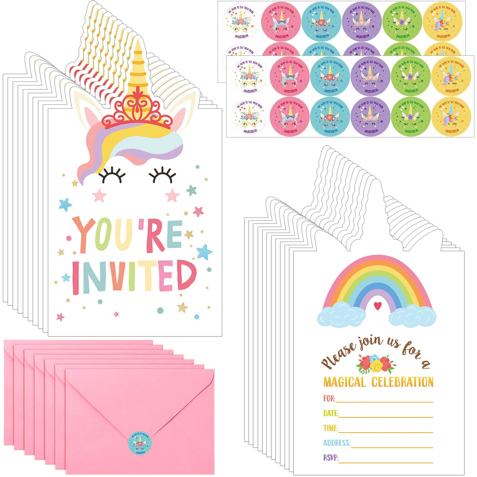Photo 1 of Hotop 24 Sets Unicorn Birthday Invitations with Envelopes and Stickers FOR GIRLS Party Invitations for Kids Birthday Baby Shower Party