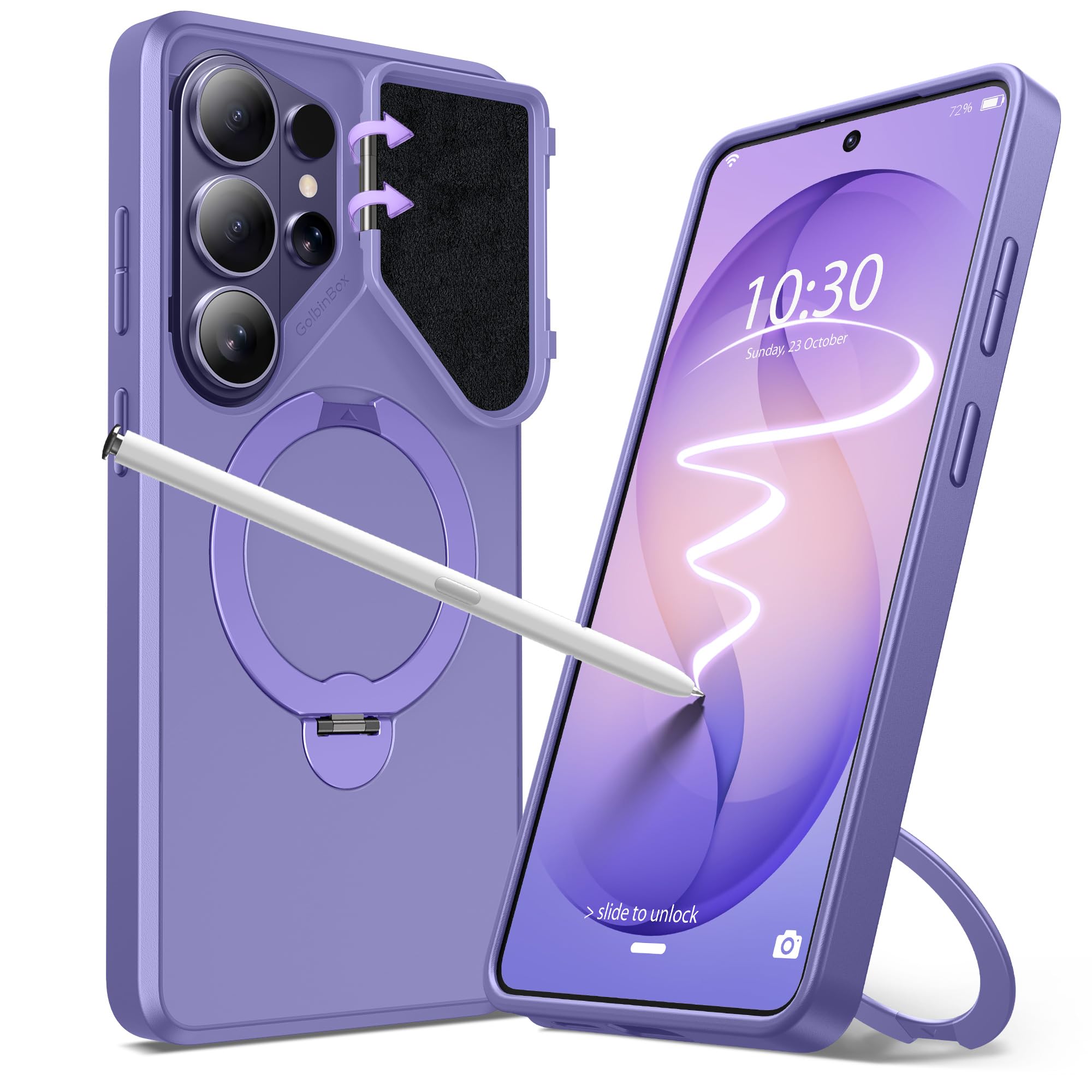 GolbinBox 360 Adjustable Magnetic Stand for Samsung Galaxy S26 Ultra Phone Case, Flip Camera Cover for Lens Privacy, Matte Anti-Slip Grip, Shockproof Protective for S26 Ultra Case, Hyacinth Purple