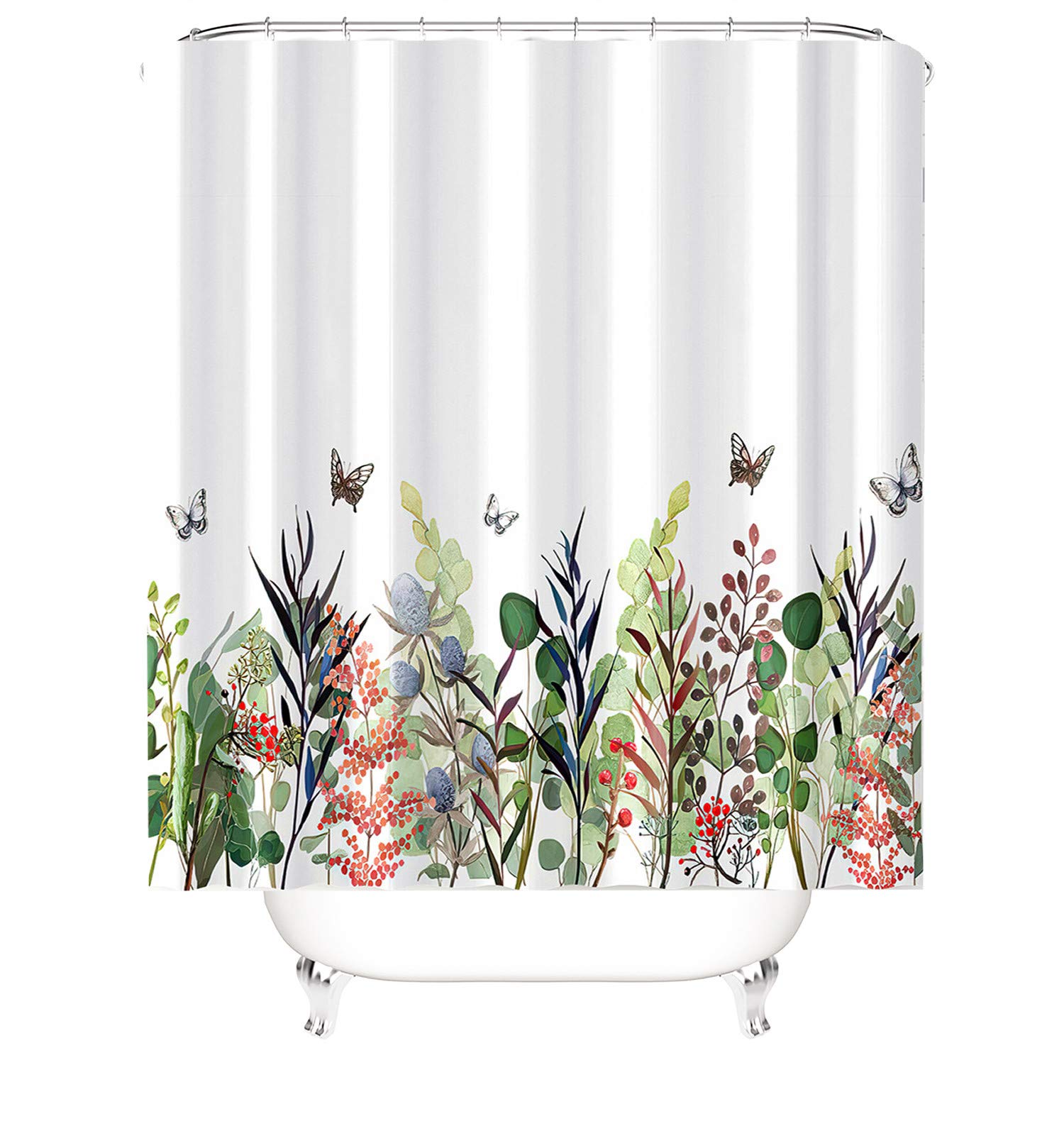M&W DAS DESIGN Shower Curtain Colourful Flowers Butterflies Plants Bathroom Textile Curtain Anti-Mould Effect Washable Leaves Shower Curtain Bath Tub Including 12 C-Rings Weight Bottom 180 x 200 cm