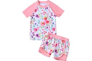 PUSEKY Girls Rash Guard Swimsuit Set 2 Piece Short Sleeve Bathing Suit Beach Swimwear UPF 50+ Sun Proction 3-12 Years