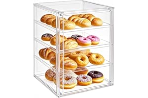 QIYUNI Pastry Display Case Bread Box Acrylic Case Donut Cake Pie Cabinet Dessert Muffins Cookies for Kitchen Countertop 4-Tier Adjustable Clear Bread Storage with Magnetic Door(4 Floors)