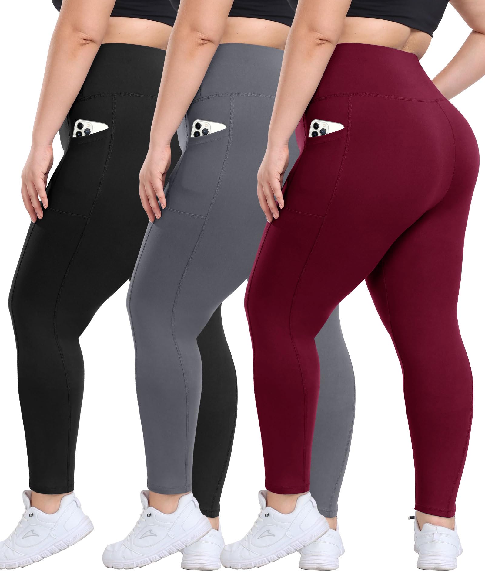 Photo 1 of (MISSING BLACK PAIR) 3 Pack Plus Size Leggings with Pockets for Women - High Waisted Tummy Control Spandex Soft Black Workout Yoga Pants large