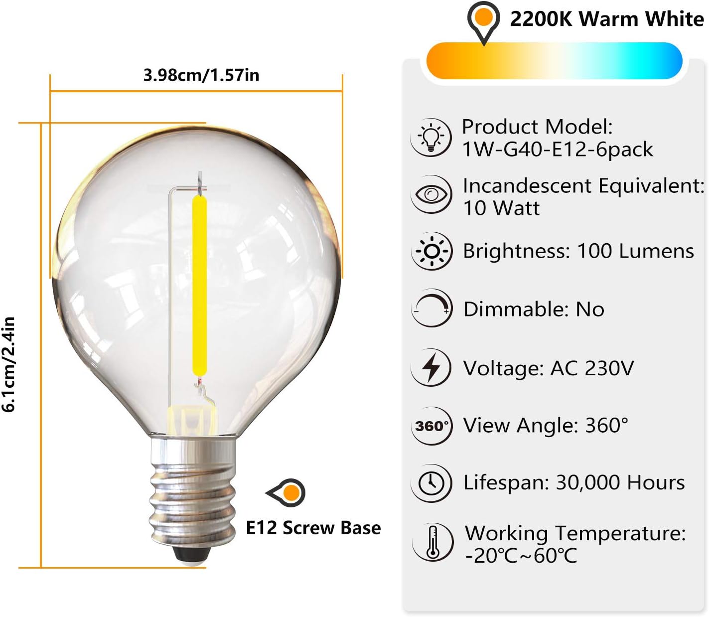 ROMANJOY G40 LED Bulbs Outdoor, 1W Replacement Bulbs for 220V-240V Main-Powered G40 Outdoor String Lights - Image 3