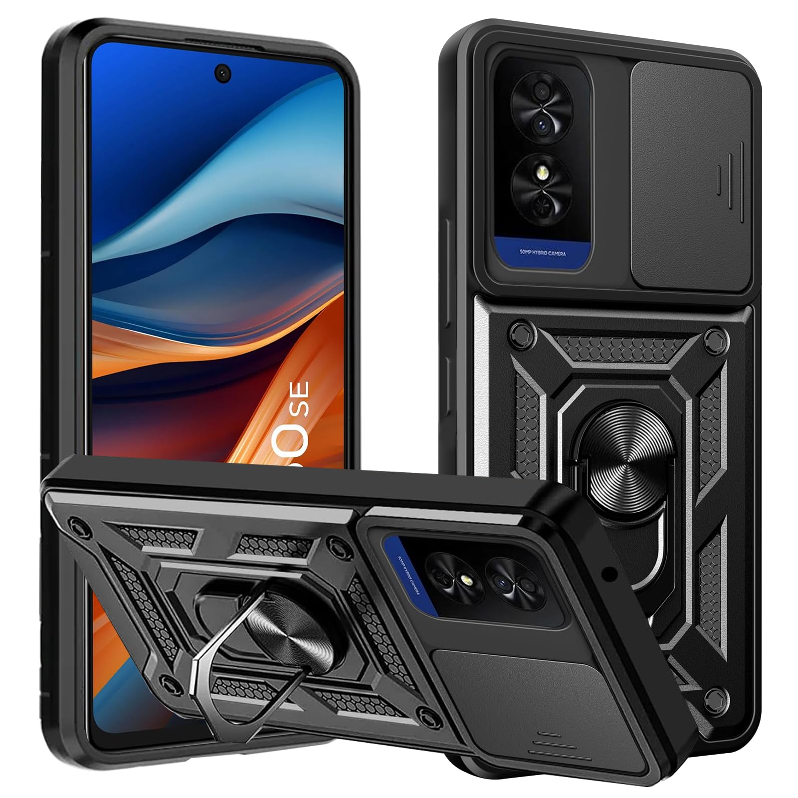 KZIOACSH Case for TCL 50 SE 4G, [360 Rotaring Kickstand][Slide Camera Cover] Hybrid Soft TPU Frame+ Hard PC Back Case Military Grade Anti-Scratch Shockproof Rugged Bumper Phone Cover,Black