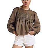 calbatic Women's Lace Mesh Floral Embroidery Blouse Long Puff Sleeve Dressy Babydoll Top Ruffle Hem Patchwork Shirt