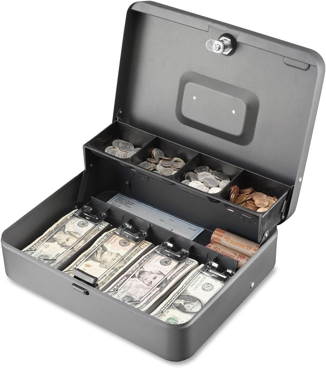 MMF 2216194g2 Tiered Cash Box with Bill Weights, 12 In, Cam Key Lock, Charcoal