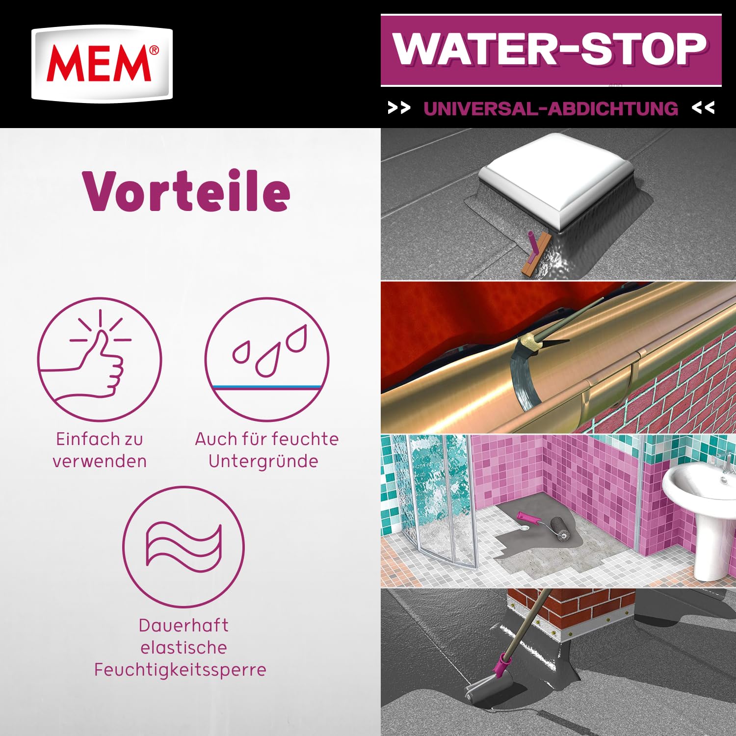 MEM Water Stop Abdichtungsmasse, Universalabdichtung & Feuchtigkeitssperre für innen & außen, Sofort dichtend, Lösemittel-, silikon- & bitumenfrei, Grau, 1 kg Eimer 4