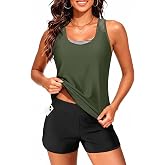 3 Piece Tankini Swimsuit Mesh Tank Top Sports Bra Pocketed Swim Shorts | Breathable Racerback, Supportive X-Back, High Waisted Tummy Control Boyshorts, Removable Pads, Quick-Dry Fabric