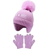 Girls Winter Hat and Gloves Set, Kids Cat Embroidered Knit Beanie with Earflaps Fleece Lined Pom Pom Ski Cap for 2-10Y