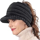 Women's BeanieTail Warm Knit Hat Messy High Bun Ponytail Visor Beanie Cap