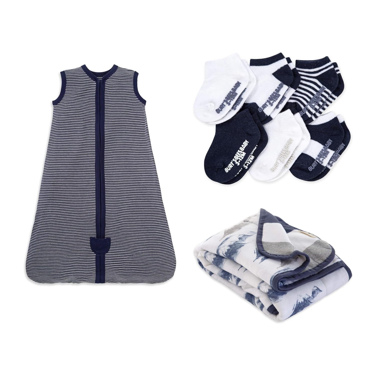 Bundle of Burt’s Bees Baby Unisex Sleeping Bag Wearable Blanket, Midnight Stripe, Large US + Reversible Blanket, Quilted Infant & Toddler Bedding + baby boys Socks, 6-pack Ankle With Non-slip Grips