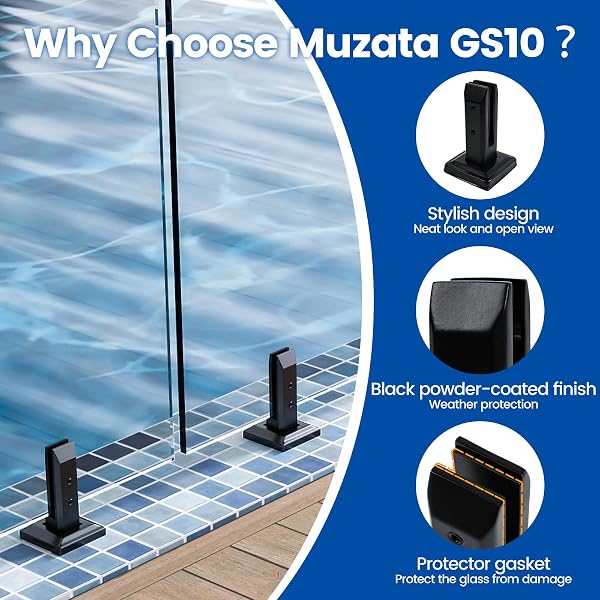 MUZATA 4PACK BLACK GLASS RAILING SPIGOT CLAMP RECTANGLE STAINLESS STEEL POLISH BRACKET FOR GLASS THICKNESS 5/16”-7/16”(8MM-12MM) HEAVY DUTY POOL DECK FENCE RAILING POST GARDEN BALCONY GS10 SO4